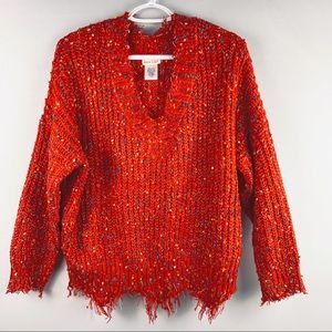 MAIN STRIP Red Confetti Sweater V-Neck Frayed edge